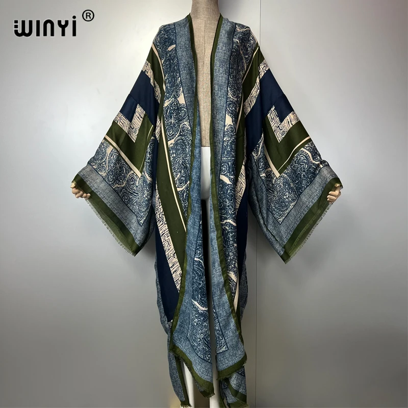 WINYI البوهيمي كيمونو طباعة سترة المرأة معطف فضفاض معطف طويل عطلة الشاطئ التستر فستان الحفلات الفاخرة دبي عباية ماكسي فستان