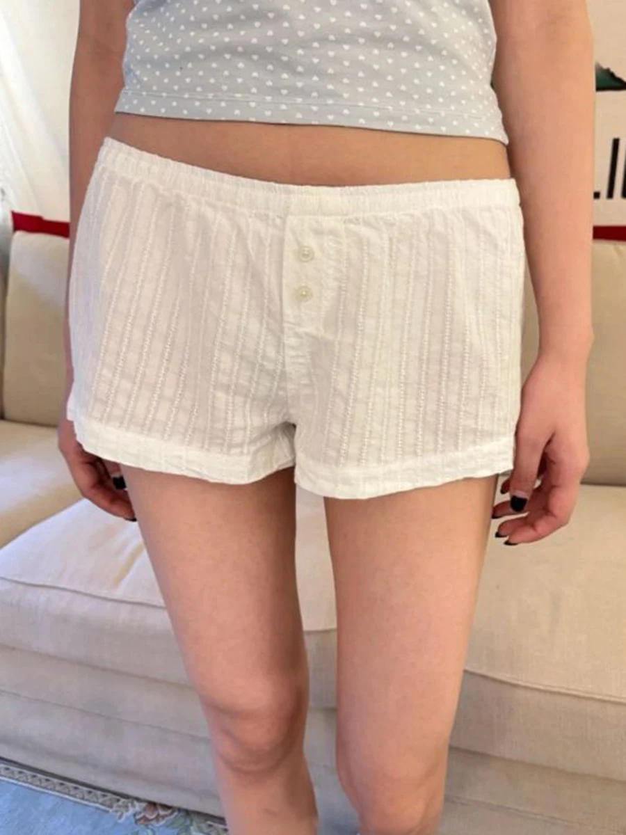 White Striped Buttons Straight Shorts Women Summer Elastic High Waist Cotton Loose Pajama Short Pants Sweet Girls Home Underwear