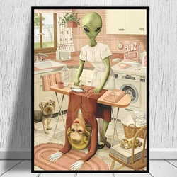 Funny Alien Do Laundry Poster Canvas Painting Laundry Day Wall Art For Washing Drying Room Home Decoration Picture