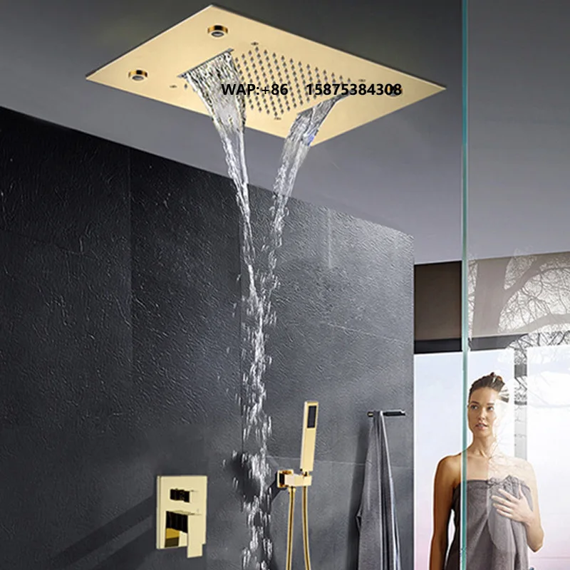 Thermostatic Rainfall Shower Mixer System Fixtures Body Jets Set 17X28 Inch Luxury Brushed Brass Ceiling Waterfall Apartment