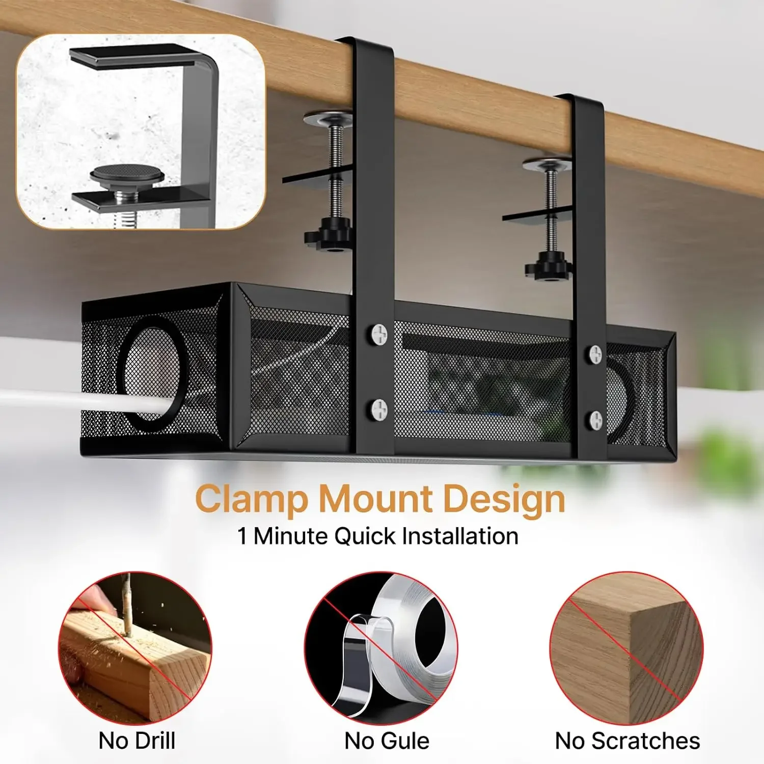 Under Desk Cable Management Tray No Drill Steel Desk Cord Wire Management Tray Cable Management Rack with Clamp for Office Home