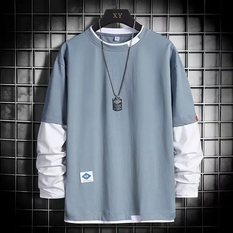 Trendy Fake Two-Piece Sweatshirt Men's Loose Long Sleeve T-Shirt Autumn New Style Casual Cotton Polyester Double Layer Collar