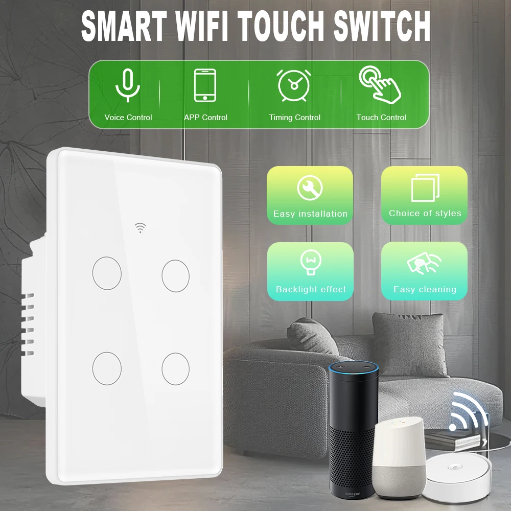 Smart WiFi Touch Switch US Standard Voice/APP Control Smart Home Light Switch Compatible with Alexa Google Home for Bedroom
