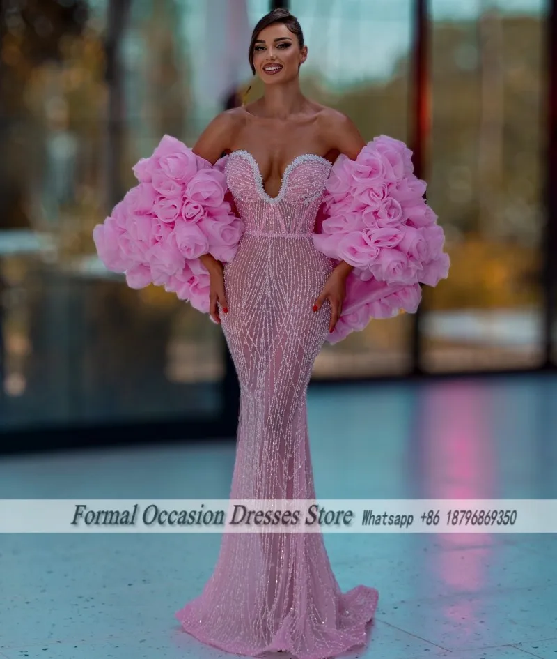 Modest Pink Evening Dresses With Shawl Beading Mermaid Prom Dress 2026 Flowers Sweep Train See Through Party Gowns Customized