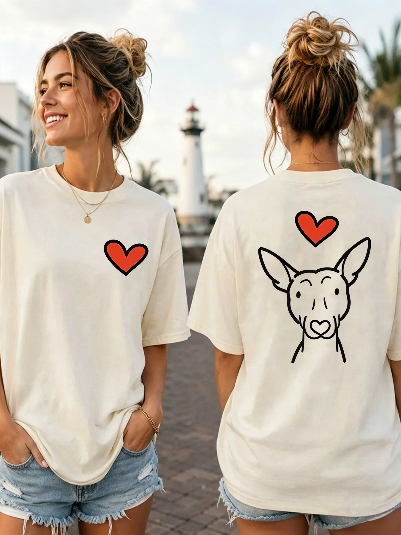 Women's round-neck short-sleeved double-sided printed T-shirt, thin heart-shaped lines, simple print of a dachshund