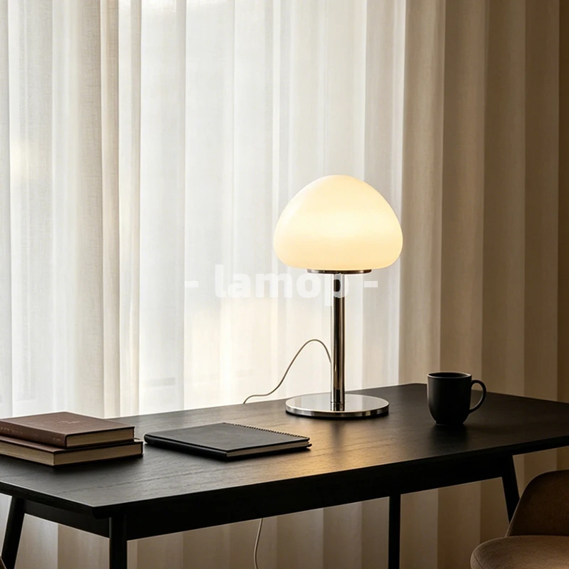 Milky White Egg Mushroom Chrome Thin Pole Table Lamp Minimal Dark Wood Office Desk 3 Tone Soft Light Reading Lamp