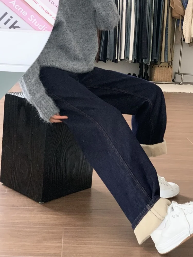 

plus Size Fce Lined Thi Denim Pants Women's Loose High Waist Straight Leg Jeans for Pear aped Body Korean Sle