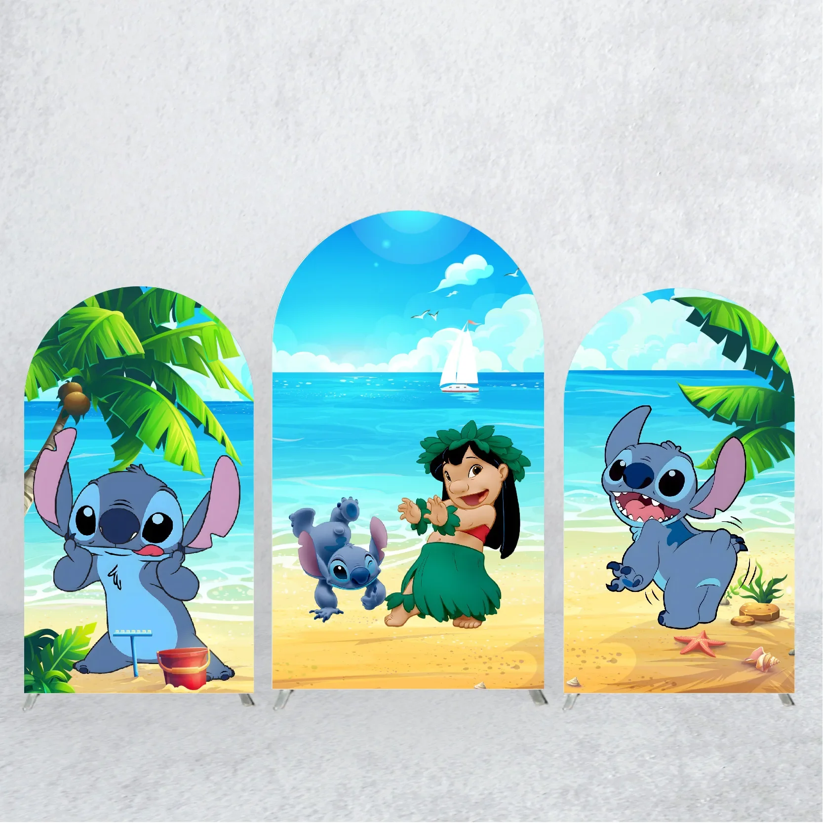 

Disney Stitch and Lilo Arch Backdrop Cover Spandex Fabric Beach Theme for Children Birthday Party Background Banner Decoration