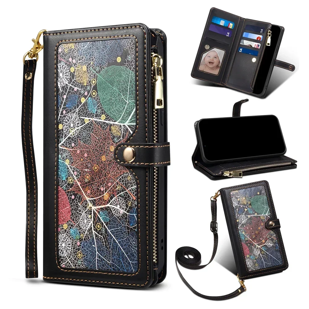 

Crossbody Zipper Wallet Case for Samsung Galaxy S21 S20 FE S23 S22 S24 Plus Note 20 S25 Ultra Card Holder Lanyard Leather Cover