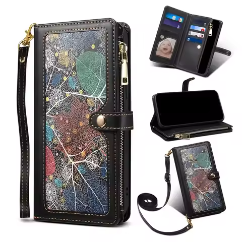 Crossbody Zipper Wallet Case for Samsung Galaxy S21 S20 FE S23 S22 S24 Plus Note 20 S25 Ultra Card Holder Lanyard Leather Cover