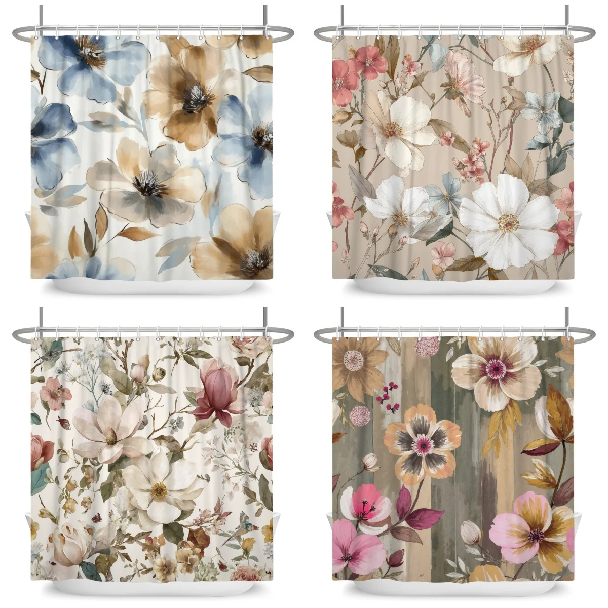 

Boho Style Bathroom Shower Curtains Vintage Watercolor Flowers Home Bathroom Decoration Waterproof Curtain With Hooks Curtains
