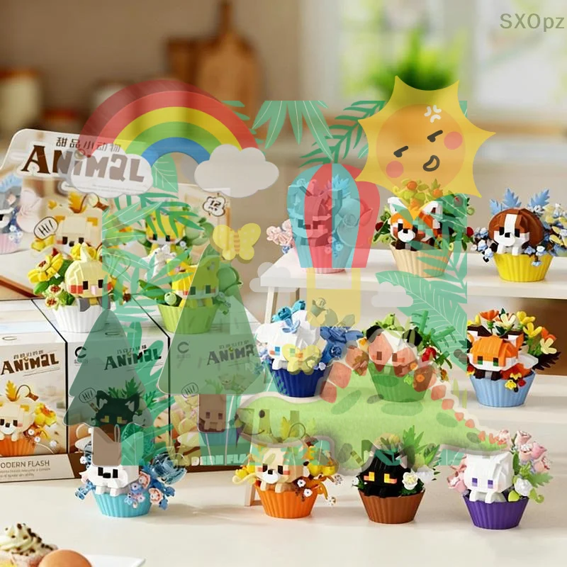 

Cute Small Animals Potted Bouquet Building Block Toys Cartoon Doll Panda Puppy Building Block Ornament Toys New Year Gift