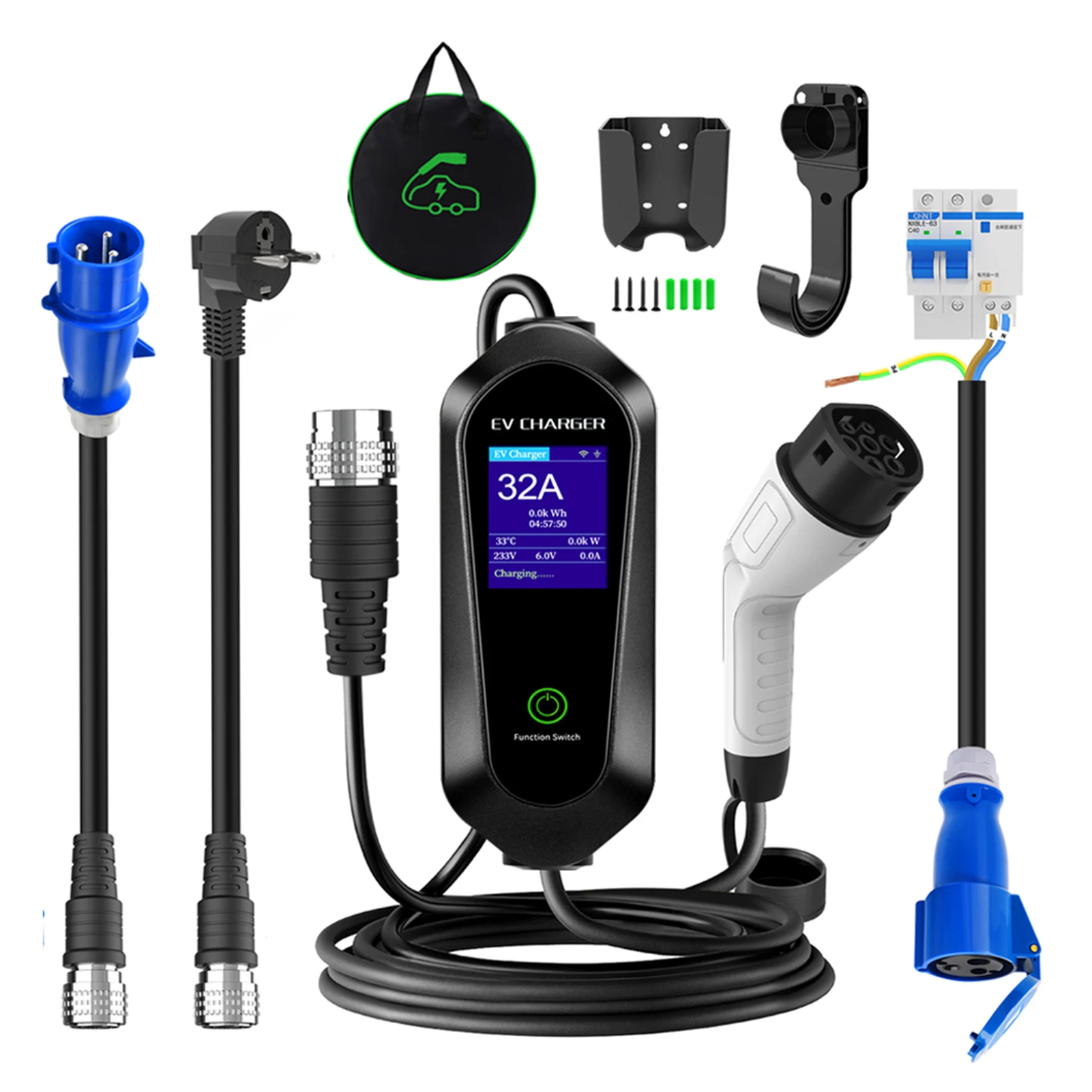 

Портативное настенное однофазное зарядное устройство для электромобилей 16A/32A 3,5 кВт/7 кВт 5 м с автоматическим распознаванием и ЖК-дисплеем