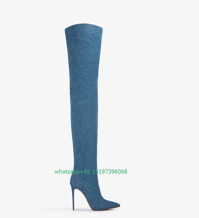 

Lady blue oversize denim over-the-knee boots sexy pointed toe cowboy style thigh boots high heels causal boots size 46 pumps