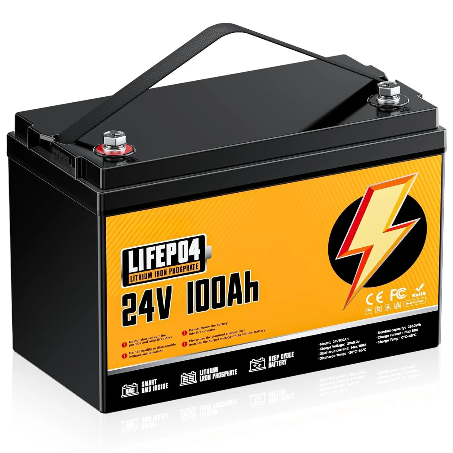 

24V 100Ah LiFePO4 Battery, Built-in 100A BMS, 2560Wh Deep Cycle, 20000+ Cycles, Compact and Lightweight Lithium, Customized