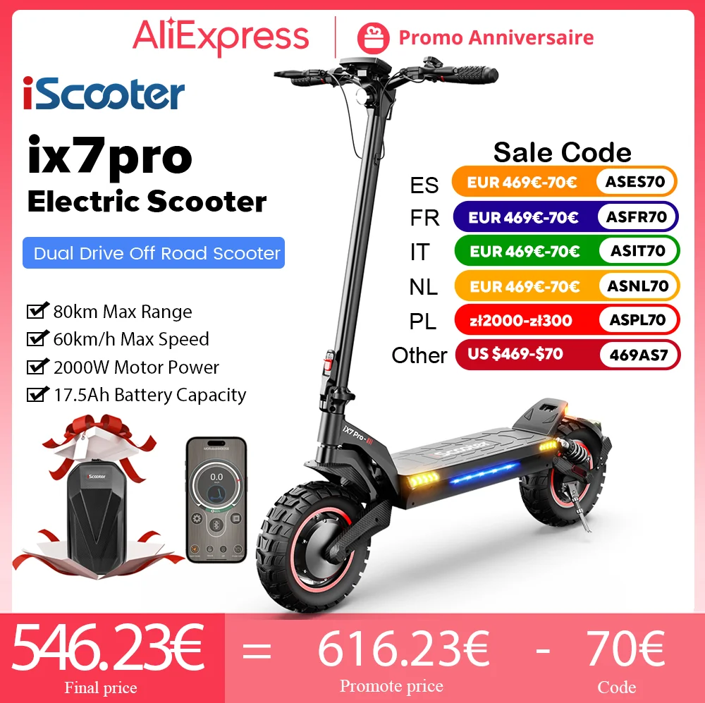 iScooter iX7pro Electric Scooter 2000W 17.5Ah Scooter Dual Motor Anti-skid Off Road Pneumatic Tire 80km Range 60km/h eScooter