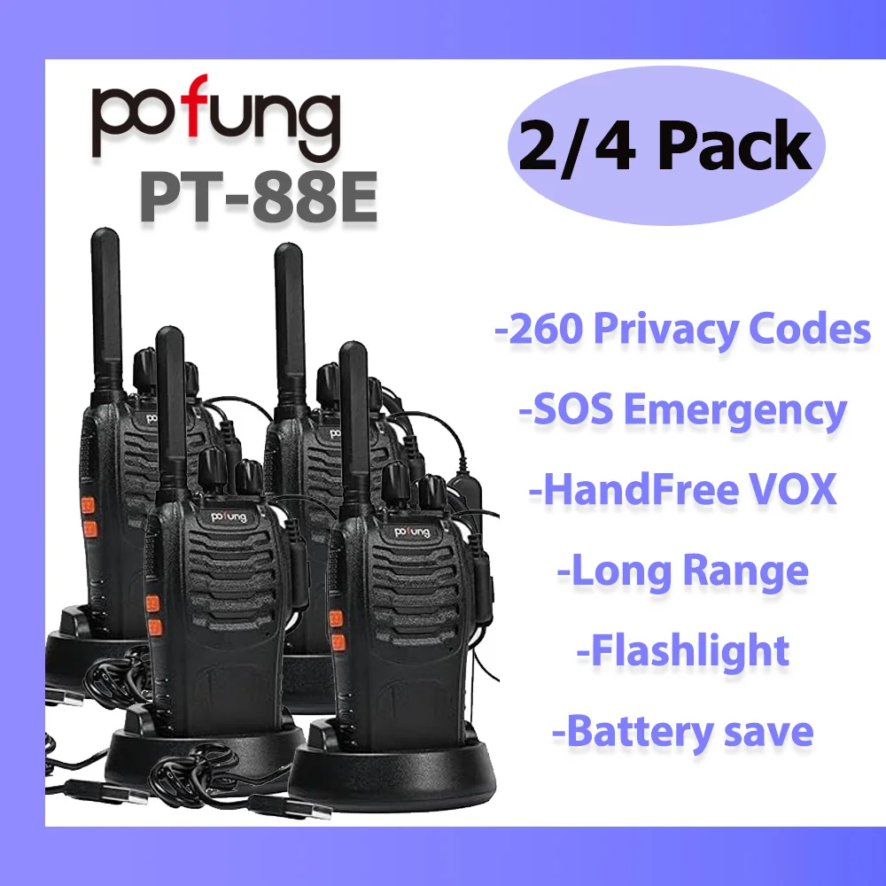 Walkie Talkie portátil de 2 vías Pofung PT88E PMR446, con función de carga USB, Licencia VOX Sin para acampar al aire libre y senderismo, 2/4 Uds.