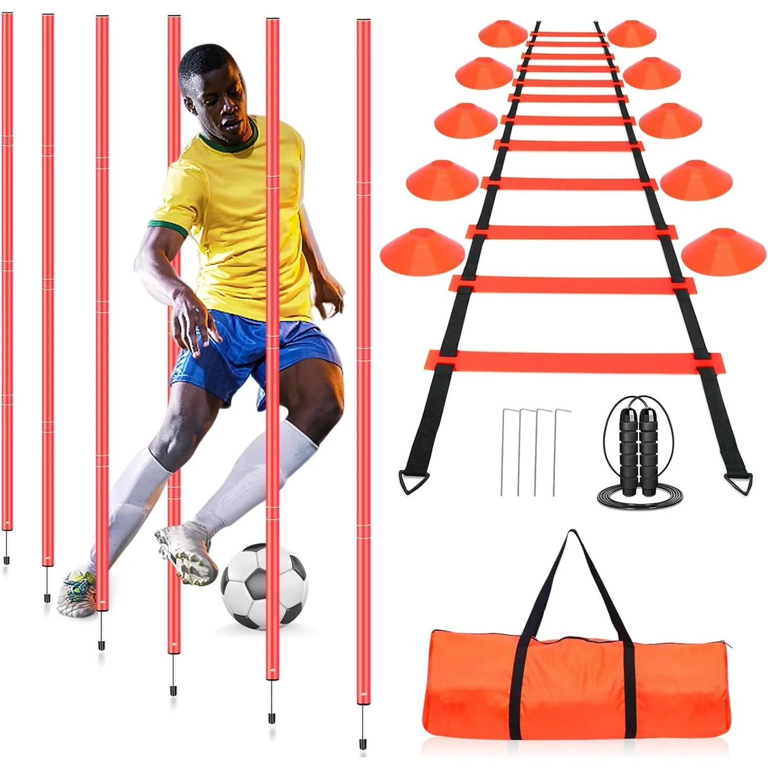 Ensemble de poteaux de marquage pour entraînement de football de 1,8 m, kit d'entraînement d'agilité pour le football, ensemble d'entraînement avec 6 poteaux, corde à sauter, échelle et 10 cônes pour la coordination et l'agilité
