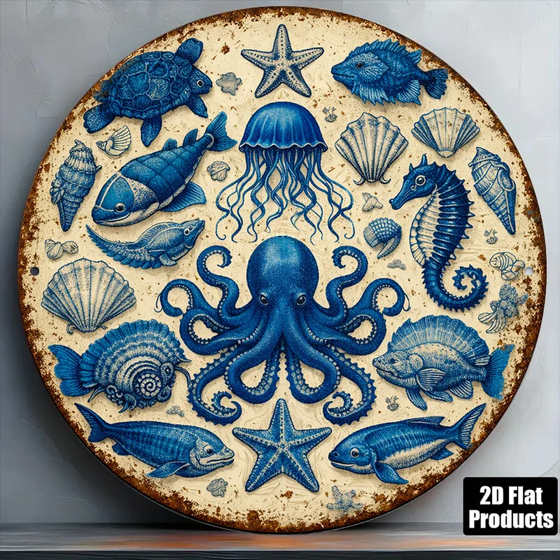 2D Flat Round Sign, Vintage Plaque about Marine Life, Octopus Starfish Jellyfish Seahorse Decorative Sign