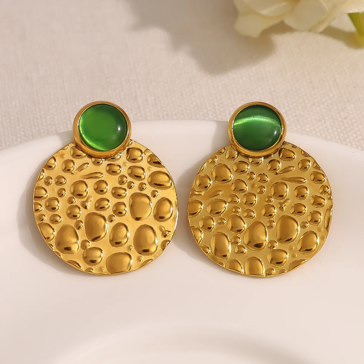 

WILD & FREE 18K Gold Plated Stainless Steel Earrings for Women Vintage Green Opal Hammered Texture Trendy Jewelry