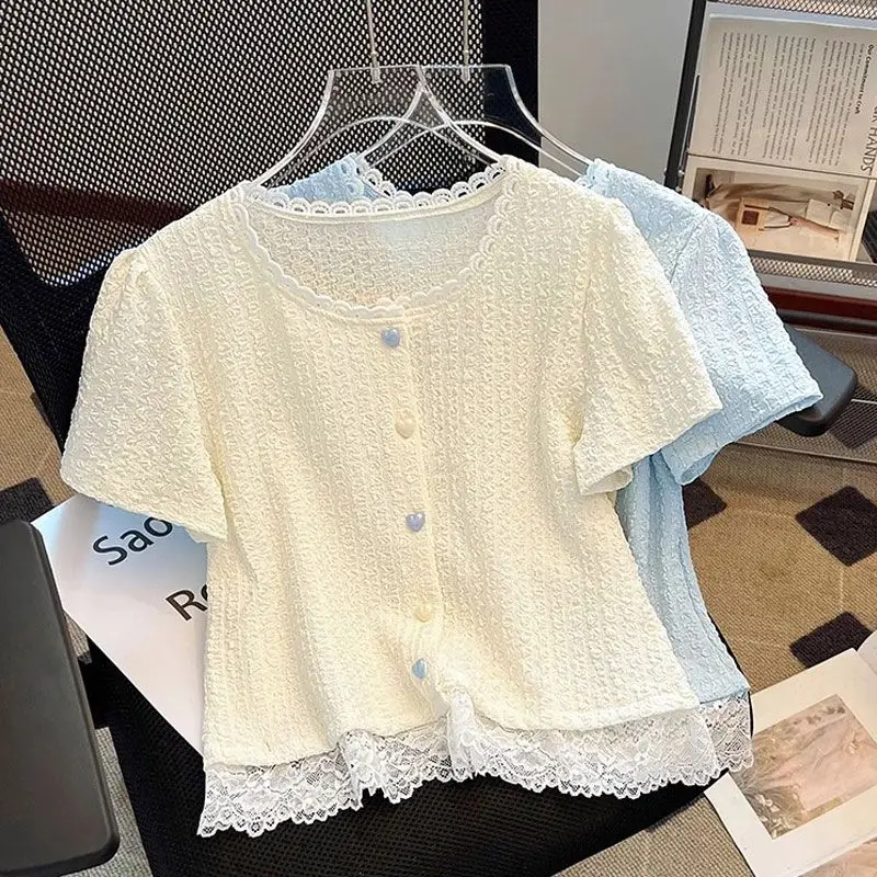 Slimming ort Sve T-irt Women's Lace Trim Patchwork Summer New Sle Outerwear Single Button ort Length Top