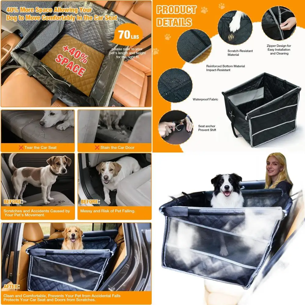 

Extended Back Seat Dog Car Seat Cover with Mesh Windows for Large Dogs - Black and Silver