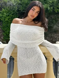 Mozision Off-shoulder Long Sleeve Sexy Mini Dress For Women Robe Hollow Out Knit Dress Female Strapless Beach Holiday Dresses