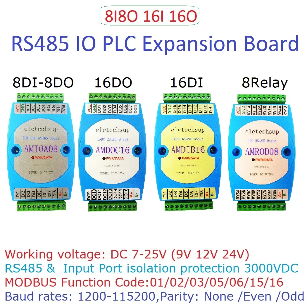 DC 12V 24V 8DI-8DO 16DI 16DO RS485 Isolated communication Digital NPN PNP Input and Output MODBUS RTU PLC Expansion Board