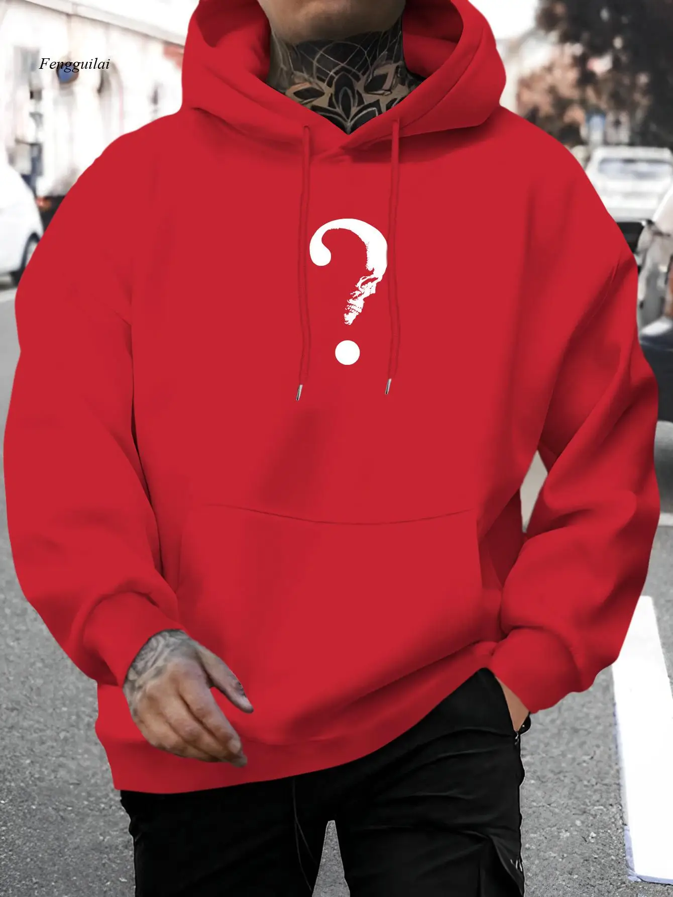 

Повседневная толстовка с принтом вопросительного знака — стильная толстовка с капюшоном на шнурке, удобный пуловер с длинными рукавами