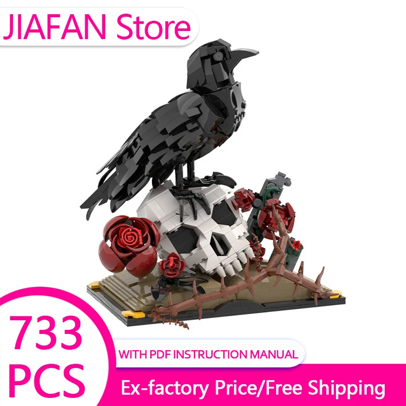 2026 Halloween Series MOC Building Blocks Black Crow Skull Rose Cross Assembled Model Ornament Holiday Gift for Kids Adults