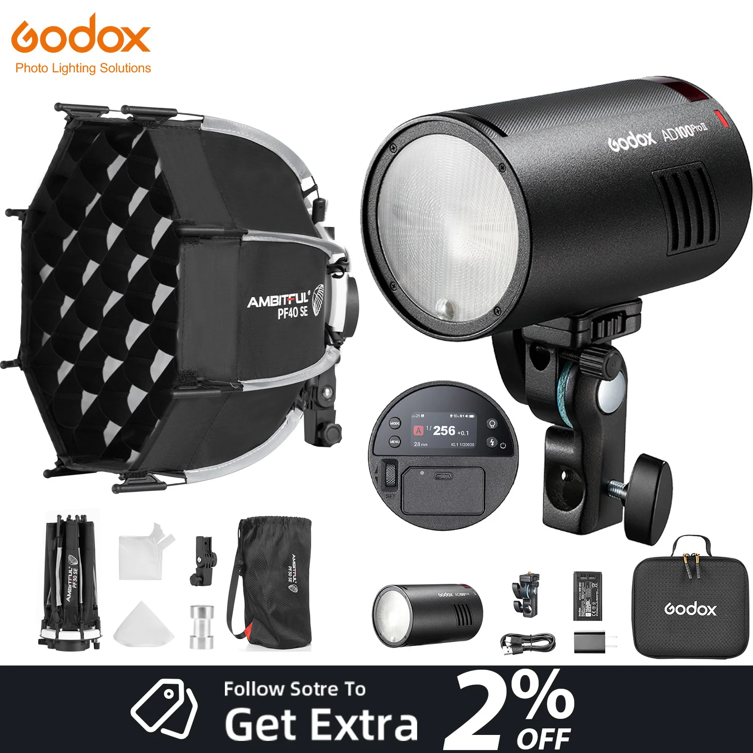 

GODOX AD100PROII & AMBITFUL PF40SE Grid Softbox 100Ws 1/8000s HSS TTL Mode Strobe Pocket Flash 1.5s Recycle Time HD Color Screen