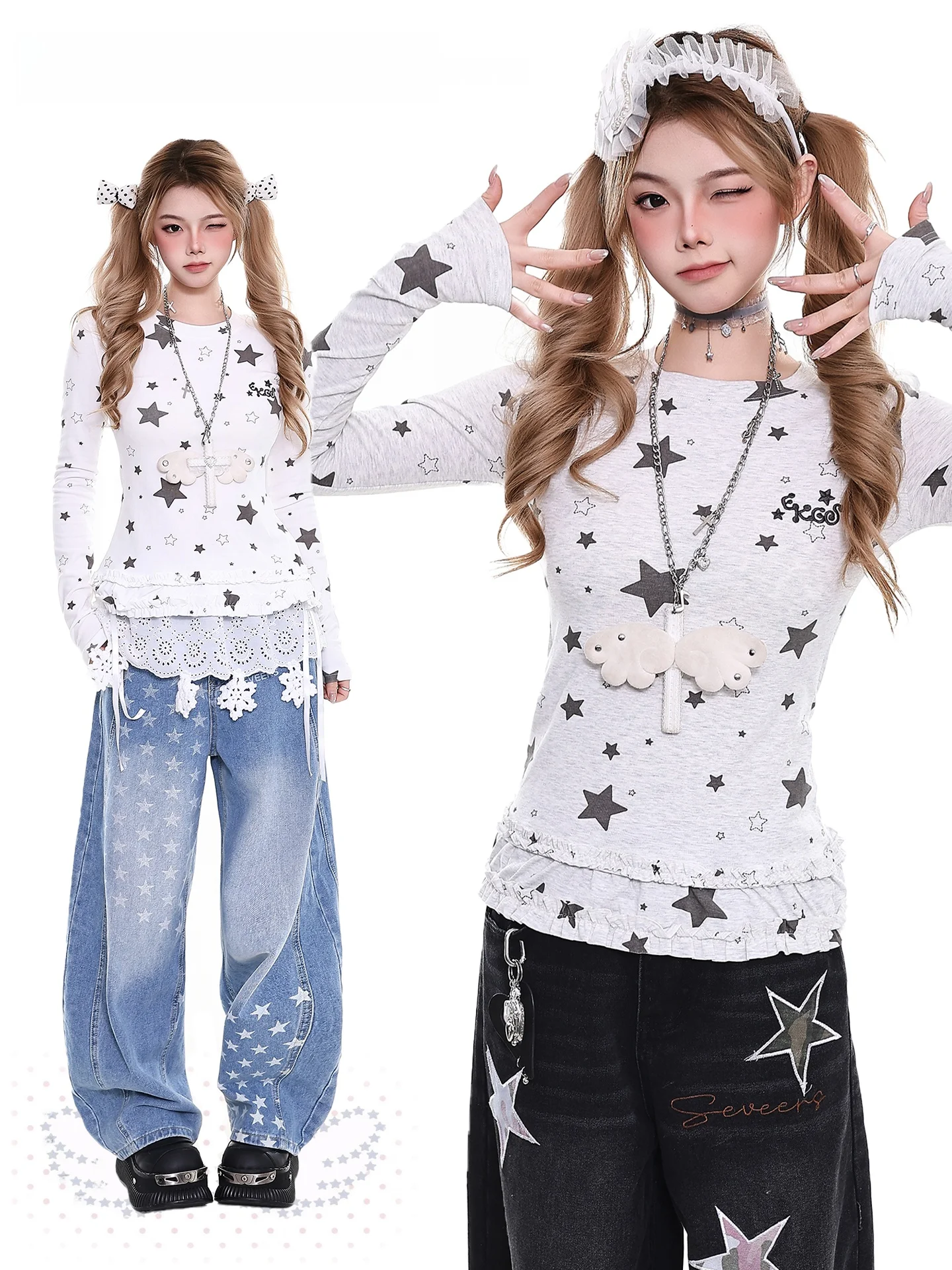 

Slim Fit Long Sve T-irt Women's Spring Star Print Hem Yezi Sle Orange Jelly Y2K Top Breathable Skin-Friendly round Ne