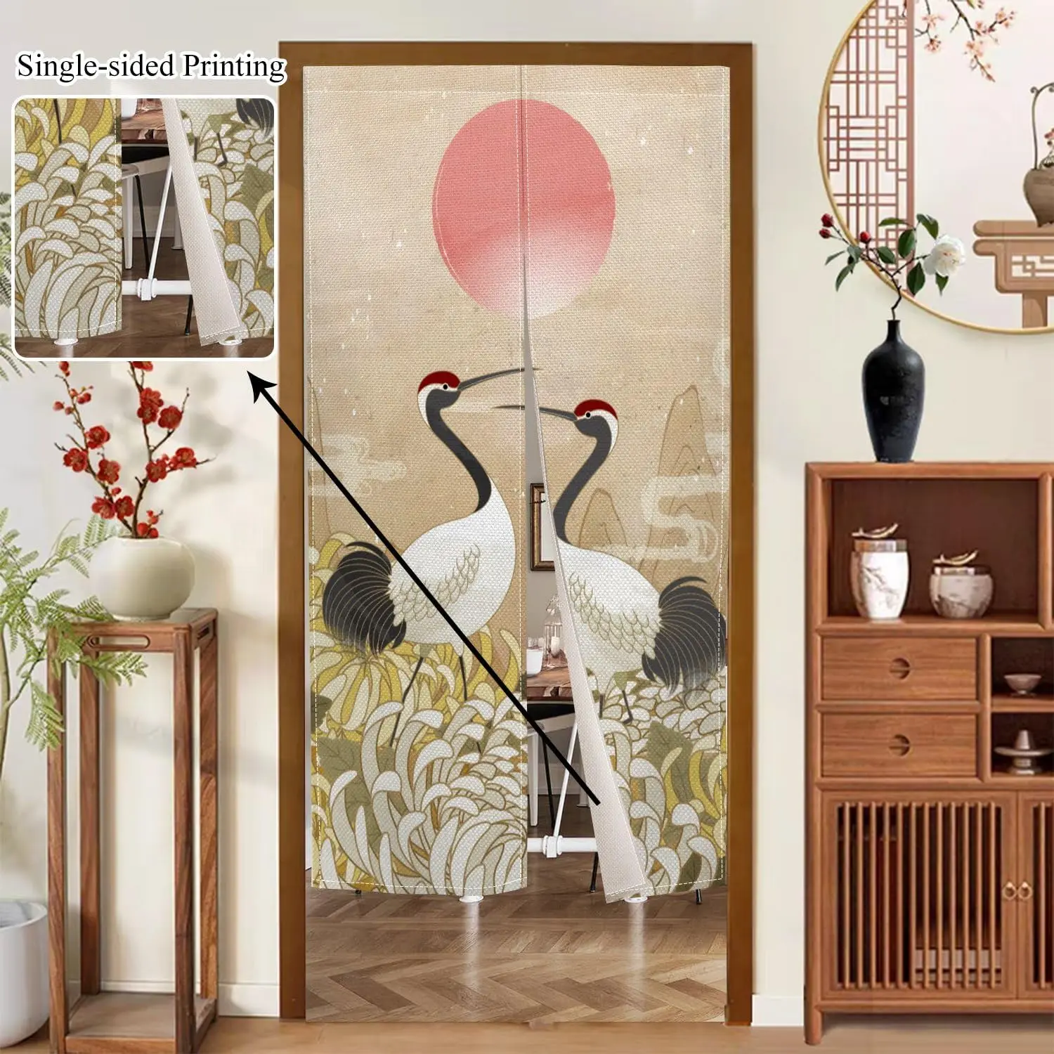Curtain Doorway Japanese Crane in Chrysanthemum Printed Door Tapestry Window Treatment for Ukiyoe Room Privacy Divider Wall