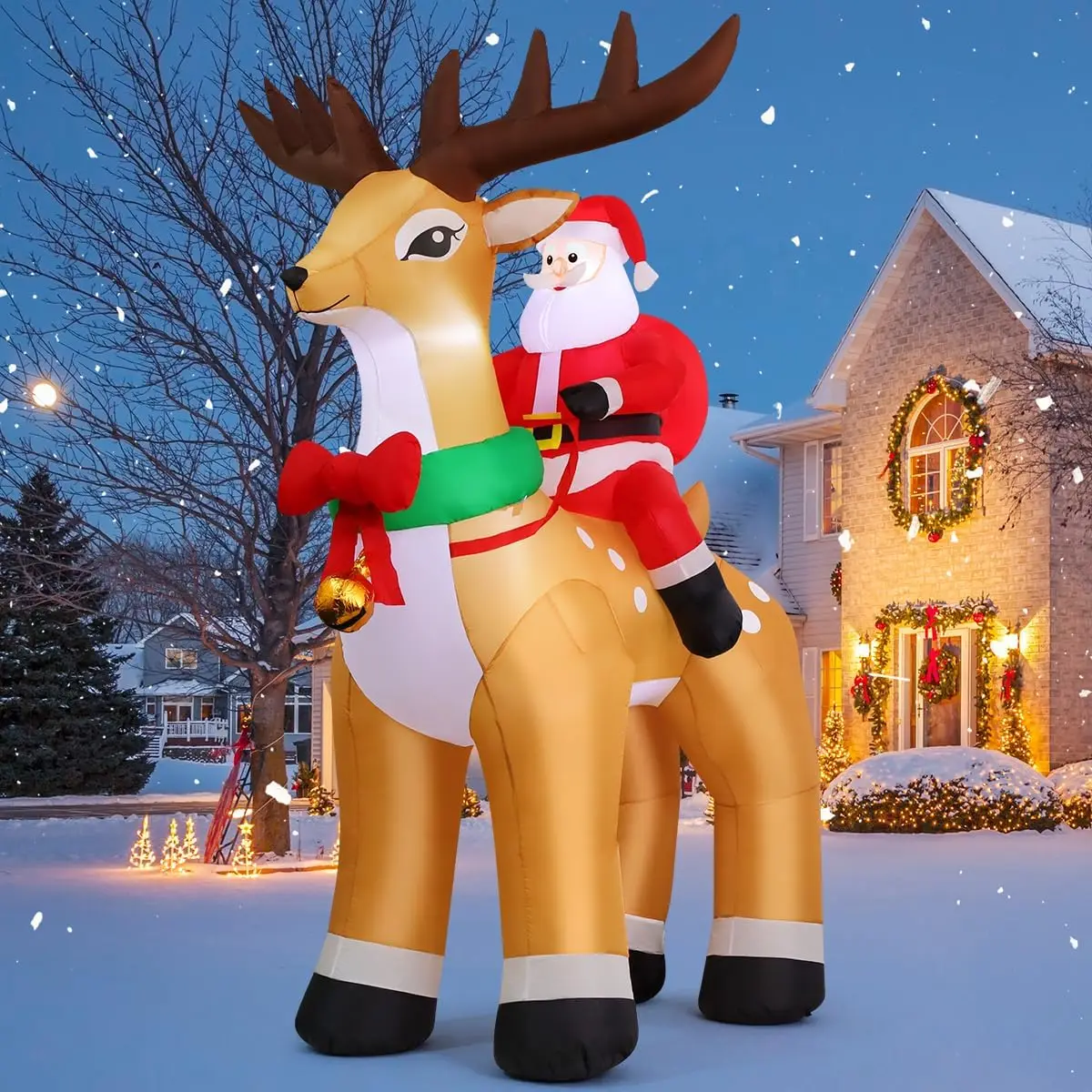 Outdoor Christmas Inflatable Decor 9.8 FT Santa Claus Riding Reindeer Blow-Up Yard Decoration with Built-in LEDs