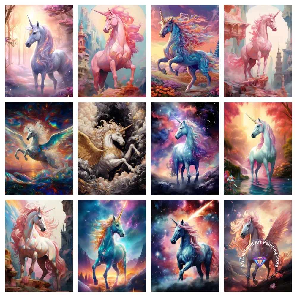 

Pink Magic Unicorn Colorful Pegasus AB Diamond Painting Kit Square Round Diamond 5D DIY Mosaic Handmade Art Gift Home Decor
