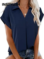 Blusa informal de gasa de manga corta para mujer, camisa holgada con cuello en V para oficina, Estilo Vintage Harajuku, Tops de gran tamaño para verano