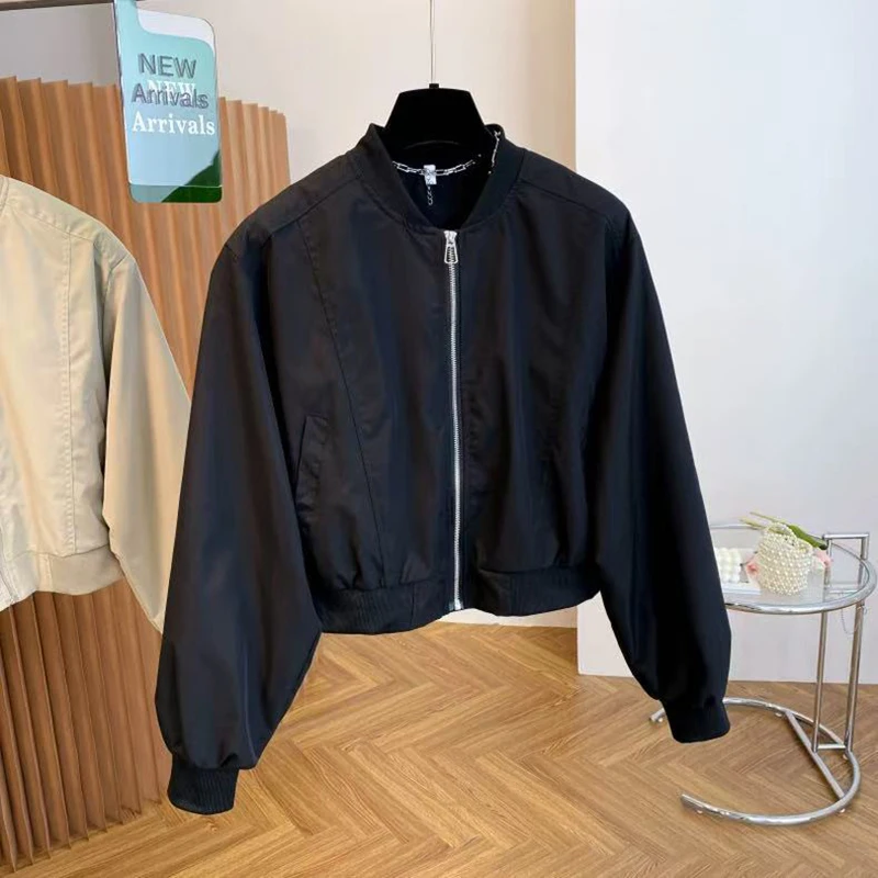 Spring Stand Collar Baseball Jacket Women Y2K Korean Loose Solid Crop Coats Fashion Streetwear All Match Solid Cargo Outerwear