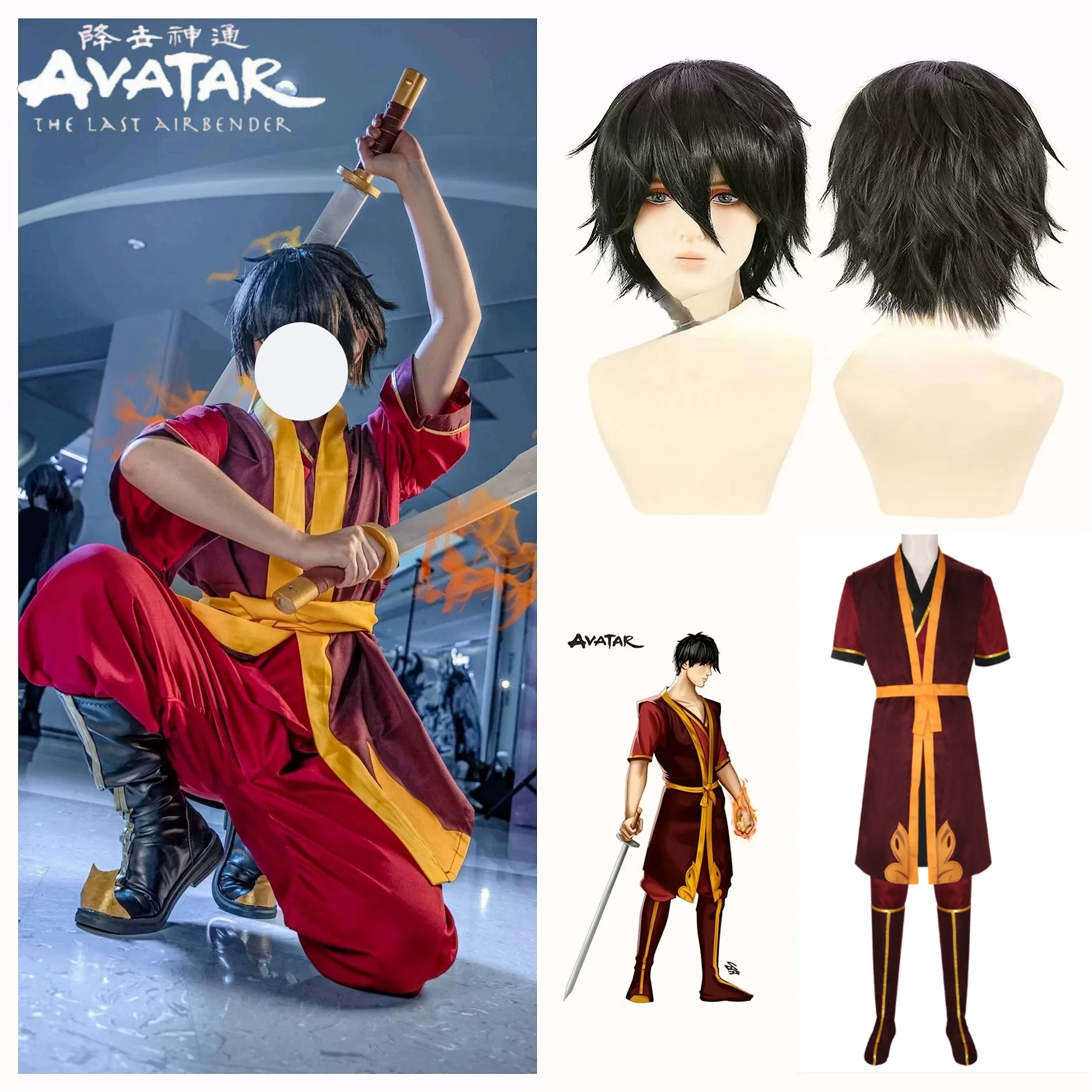 Zuko Cosplay Costume Avatar The Last Airbende Prince Zuko Battle Outfit Wig Shoe Covers Set Halloween Roleplay Zuko Suits