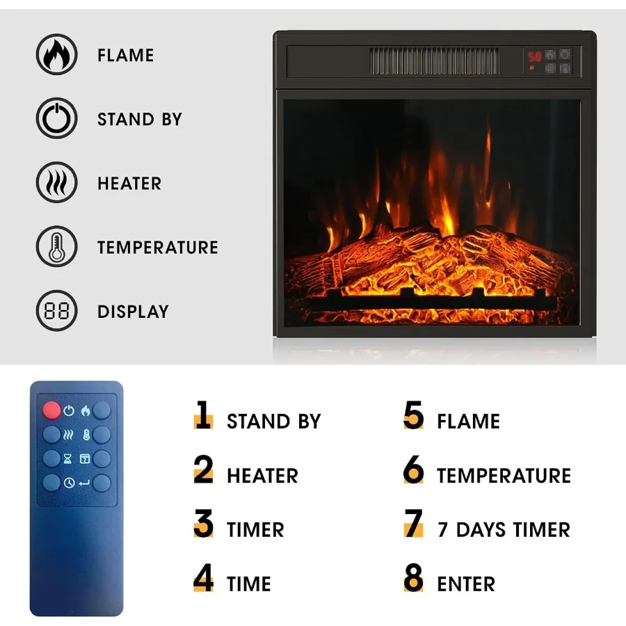 إدراج مدفأة كهربائية مقاس 18 بوصة للتركيب المريح مع تشغيل منخفض الضوضاء وجهاز تحكم عن بعد يتميز بوظيفة الموقت Tou