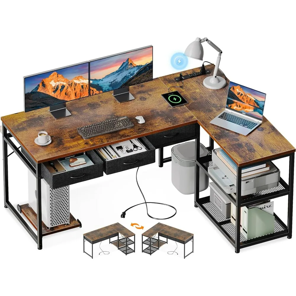 

53 Inch L Shaped Computer Desk with Drawers, Power Outlets,Reversible Storage Shelves, Movable CPU Stand Home Office Gaming