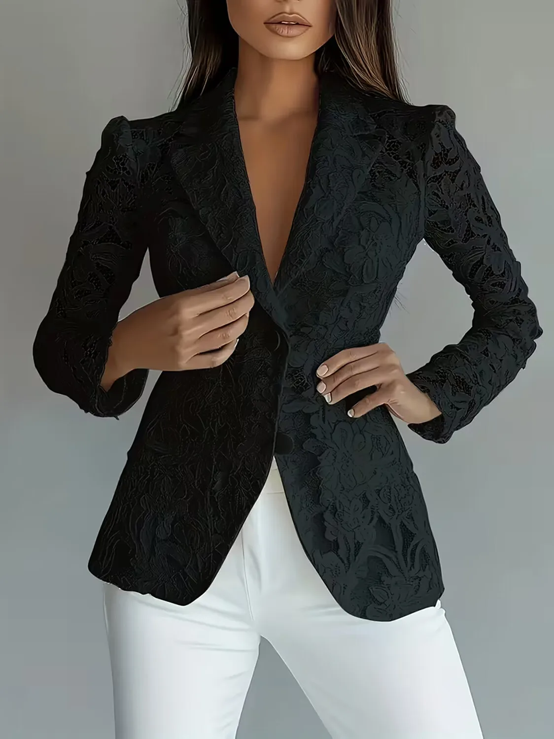 Veste Blazer imprimée florale pour femmes, manteau à revers, manches longues, simple boutonnage, élégant épissé ​ ​ Vêtements d'extérieur creux