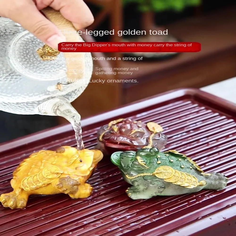 Resin Golden Toad Tea Pet Cute Green Red Color Changing Tea Pet Tea Tray Gold Raise Golden Toad Tea Table Decoration