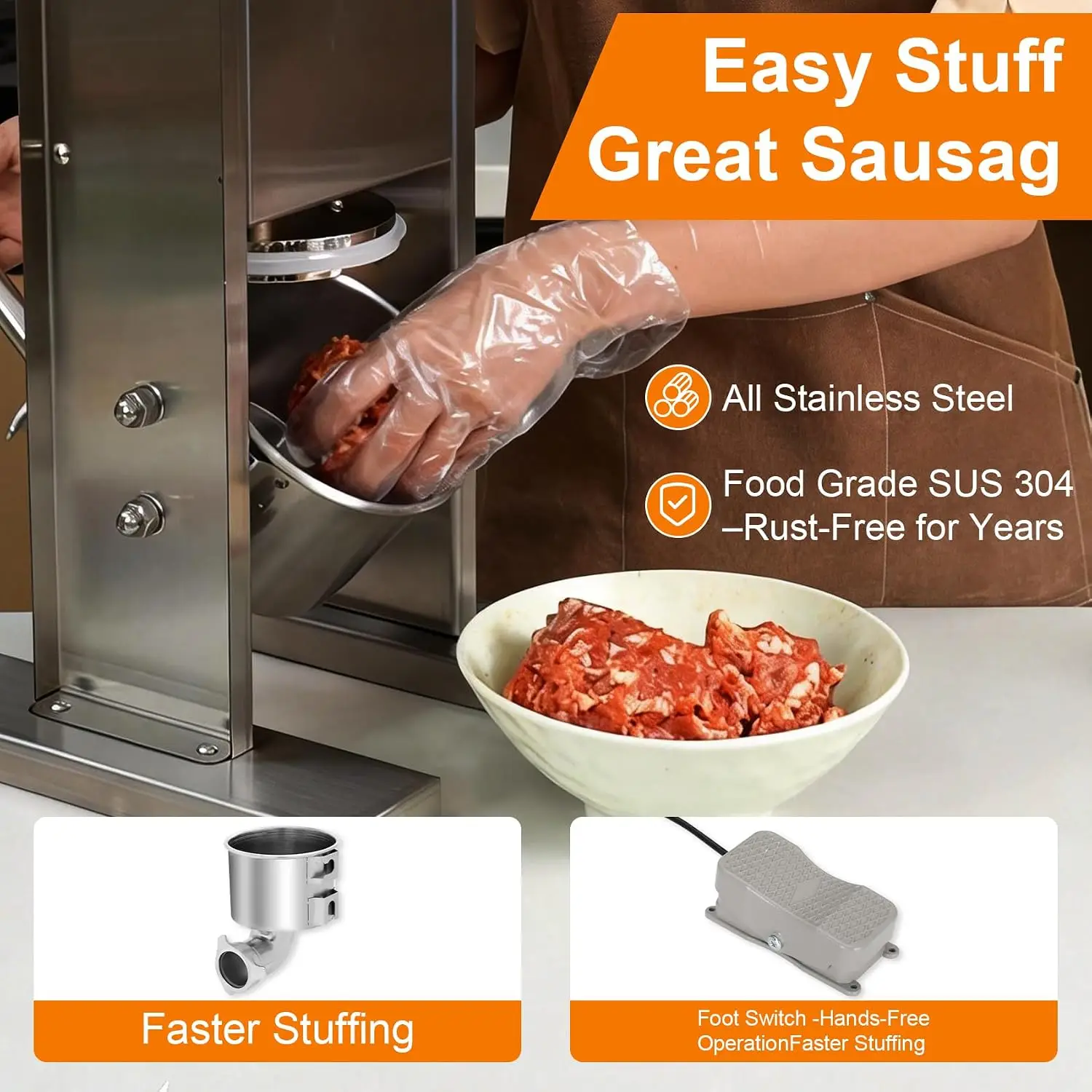Electric Vertical Sausage & Meat Stuffer, 4 Lbs/1.8 L Capacity, Foot Pedal Operated