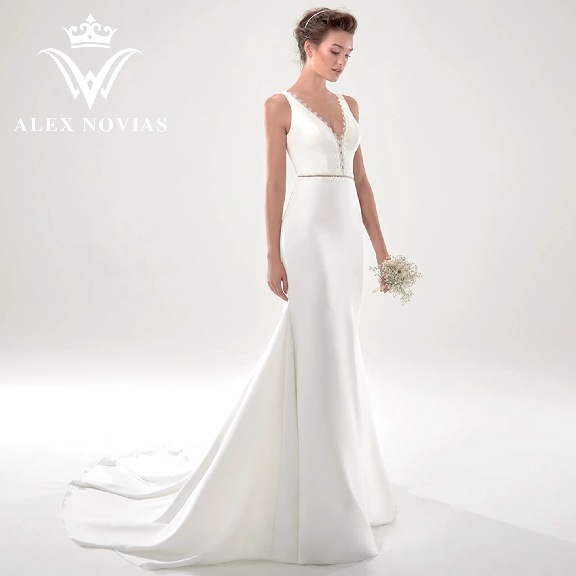 

ALEX NOVIAS Mermaid Wedding Dress 2023 V-neck Spaghetti Straps Backless Wedding Gown Customized Size Vestidos Novias De Saten