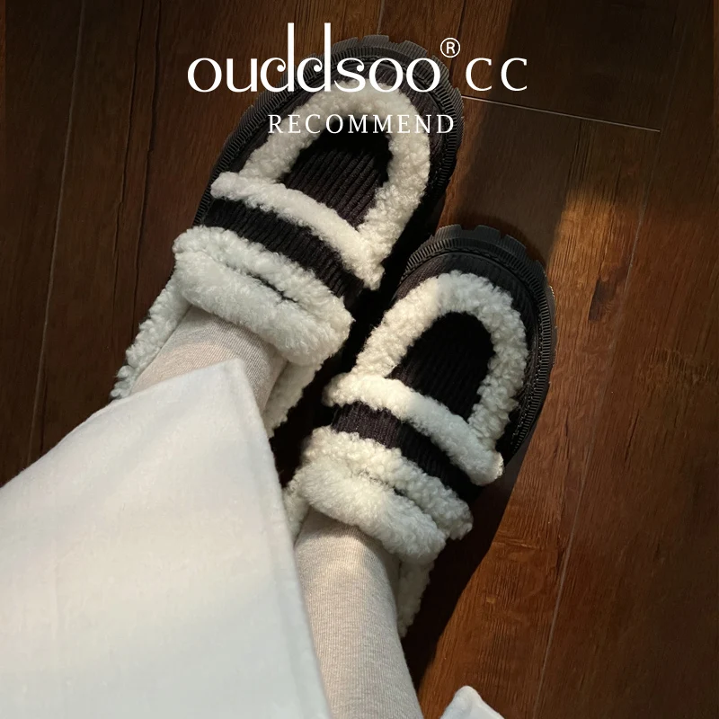 

Ods Luxury Fashion Comfort Loafers Platform Sole Fashion All-in-one Ladies Winter Warm Plush Slip-on Platform Shoe Black White