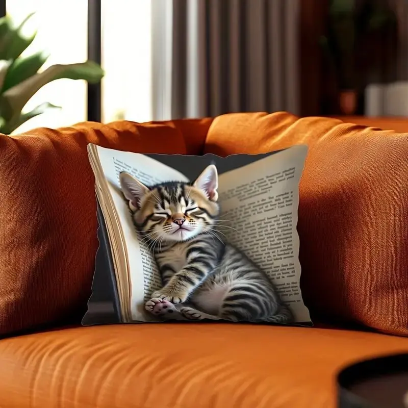 Cute Sleeping Pose Cat Pattern Pillowcase Single-sided Print Home Sofa  Living Room Decoration 17.7X17.7 Inches （NO Insert)