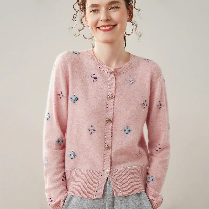 

High Quality Autumn Winter Woman Cashmere Cardigan Sweater Thick Warm Knitted Tops O-neck Jacquard Women 100% Cashmere Sweater