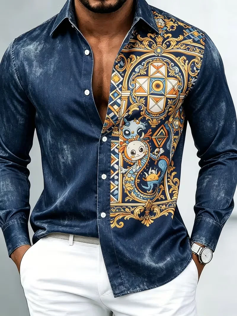New Thousand Bird Grid Gilded Baroque Splicing Printed Long Sleeve Shirt with Smooth Drop and Satin Collar for Men