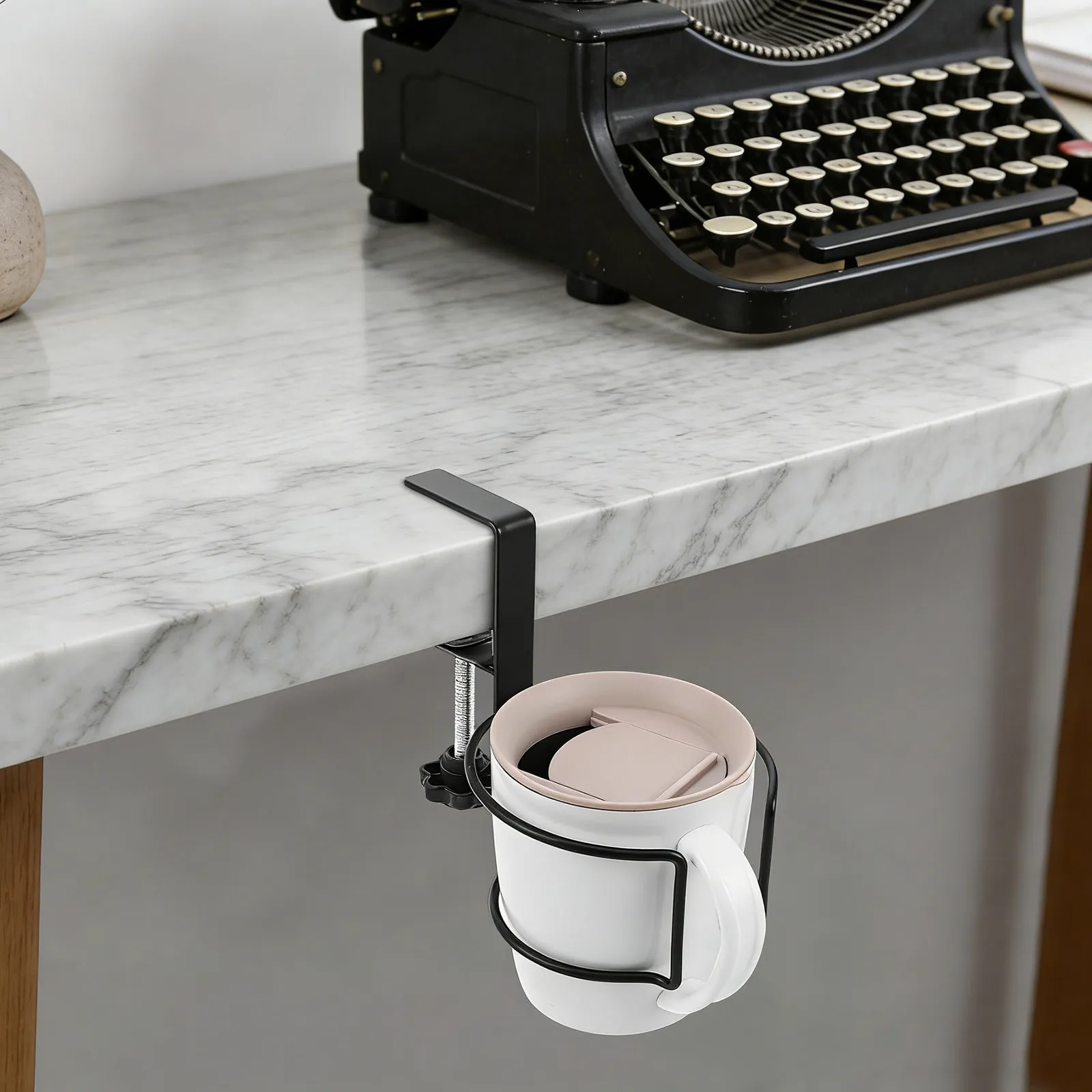 Desk Cup Holder Clamp Black Side-Mounted Adjustable Desktop Organizer for Office Cups Mugs Tabletop Beverage Holder Anti-Spill