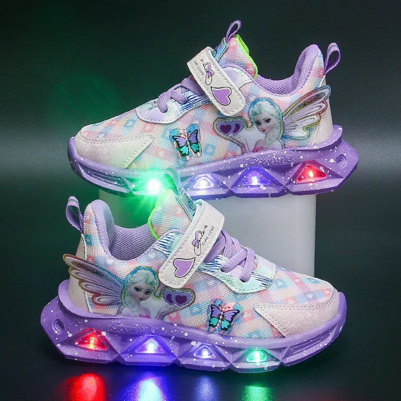 Kids LED Sport Shoes Disney Frozen Elsa Anna Running Shoes 2023 Fashion Tide Children Tennis Shoes Boys Luminous Casual Sneakers